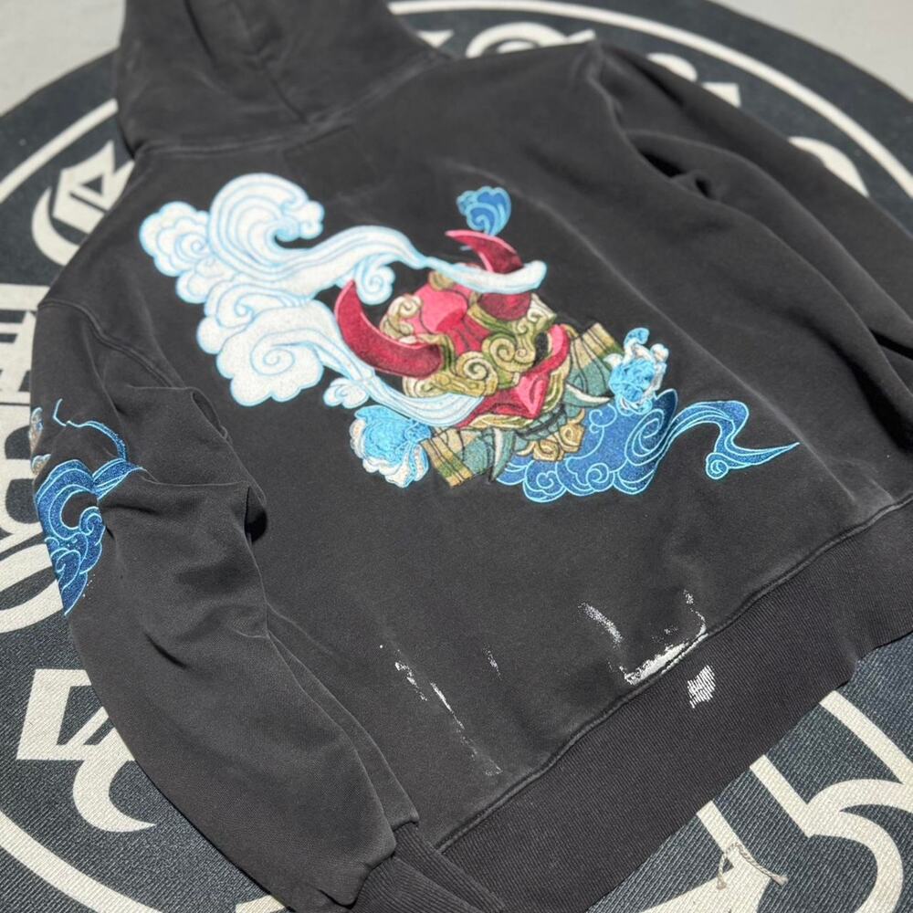 Black Japanese style embroidered Flowers and Clouds Hoodie